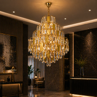 Candelabru Cristal TIER Nobile 8xE14, D40 cm, Auriu, Inaltime Reglabila, Metal si Cristal Candelabru Cristal TIER Nobile 8xE14, D40 cm, Auriu, Inaltime Reglabila, Metal si Cristal