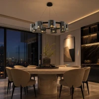 Candelabru Modern, Valmontreux Largo, 8xG9, Diametru 80cm, Negru si Cristale Cenusii, Inaltime Reglabila, Metal si Cristal Candelabru Modern, Valmontreux Largo, 8xG9, Diametru 80cm, Negru si Cristale Cenusii, Inaltime Reglabila, Metal si Cristal