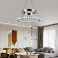 Lustra LED suspendata cu telecomanda si cristal 36W, 2 Cercuri, lumina Rece/Calda/Neutra, Dimabila, Crom Lucios, Inaltime Reglabila
