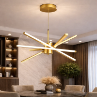 Lustra LED cu Telecomanda LT176/5GD, 69W, 5 Elemente, Lumina Rece/Clada/Neutra 3000K/4000K/6000K, Dimabila, Auriu, Inaltime Reglabila, Metal si Acril