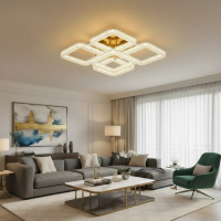 Lustra LED RENATO Magno cu telecomanda si cristal, 118W, 5 Patrate, Lumina Rece/Calda/Neutra, Dimabila, Auriu