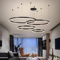 Lustra LED suspendata cu telecomanda LT813/4BK 139W, 4 Cercuri, lumina Rece/Calda/Neutra, Dimabila, Negru, Inaltime Reglabila