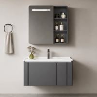 Set Mobilier ORIA pentru Baie, Dulap Lavoar+Dulap Oglinda 60cm, 2 Piese, Gri si Alb