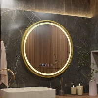 Oglinda LED Touch LUSSO, Sistem Dezaburire, Ceas si Temperatura, Diametru 60cm, Rama Auriu Brushed, Lumina Calda Rece Neutra 3000K/4500K/6000K, Dimabila