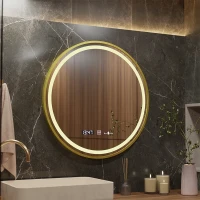 Oglinda LED Senzor MotionGlow Faratya Sistem Dezaburire Termometru si Ceas Rama Auriu Periat Rotunda Diametru 100 cm Lumina Rece/Calda/Neutra Dimabila Colectia Marcello Funghi