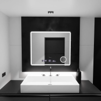 Oglinda LED Rectangulara, 90x75cm, Riflesso MotionGlow Marcello, Sistem Dezaburire, Ceas & Termometru, Lupa Cosmetica, Dimabila