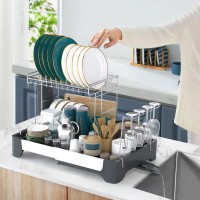 Scurgator de vase, Quasar & Co.®, extensibil, etajat, cu suport pentru cutite/tacamuri/pahare, metal/plastic, 32,5-50 x 35 cm, gri