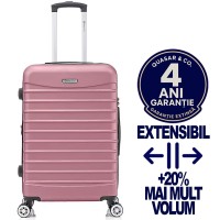 Troler mediu extensibil Quasar & Co.®, 66x41x26-31cm, bagaj de cala, troller avion cu fermoar antifurt, cifru, maner telescopic, geamantan cu 4 roti duble silentioase 360°, valiza ABS 2.8 mm, 2 compartimente cu buzunar, LINE, Roz pudrat