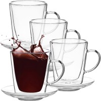 Set 4 cani si 4 farfurioare, Quasar & Co.®, model drept, cu pereti dubli, termorezistente, farfurioara 10.5 cm, sticla borosilicata, 250 ml, transparent