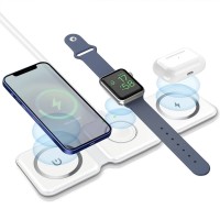 Incarcator wireless magnetic 3 in 1, Quasar & Co.®, universal, pliabil, incarcare rapida 15W, Qi fast wifi charger, 25 x 7,5 x 0,75 cm, alb