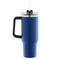 Cana termos cu maner si pai, Quasar & Co.®, cu capac To Go, pentru bauturi calde/reci, otel inoxidabil, 1.2 L, bleumarin