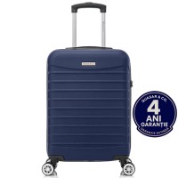 Troler cabina avion Quasar & Co.®, 55x36x20cm, bagaj de mana, troller cu fermoar antifurt, cifru, maner telescopic lung, geamantan cu 4 roti duble silentioase 360°, valiza ABS 2.8 mm, rezistent, 2 compartimente cu buzunar, 10kg, LINE, bleumarin
