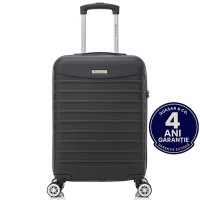 Troler cabina avion Quasar & Co.®, 55x36x20cm, bagaj de mana, troller cu fermoar antifurt, cifru, maner telescopic lung, geamantan cu 4 roti duble silentioase 360°, valiza ABS 2.8 mm, rezistent, 2 compartimente cu buzunar, 10kg, LINE, negru