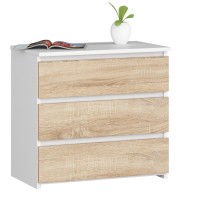 Comoda cu 3 sertare, PAL laminat 16 mm, 60x35x57 cm, alb si stejar sonoma