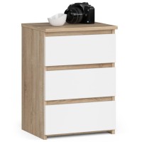 Noptiera cu 3 sertare, PAL laminat 16 mm, 40x35x57 cm, stejar sonoma si alb