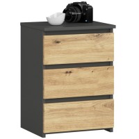 Noptiera cu 3 sertare, PAL laminat 16 mm, 40x35x57 cm, gri si stejar artisan