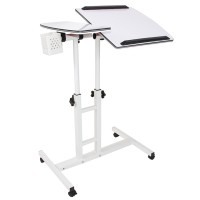 Masuta laptop reglabila cu 2 blaturi acrilice, pe roti cu blocare, 60-90 cm, alb perlat