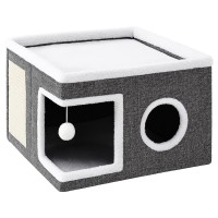 Ansamblu de zgariat pentru pisici cu casuta si pat superior, cu jucarie, 42x42x30 cm