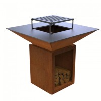 Gratar cu plita 10 mm si vatra de gatit, Vivatechnix VMD-1292, plita 975x975 mm (inaltime 1050 mm ), Otel Corten, Spatiu depozitare lemne