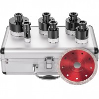 Set 6 carote diamantate si 1 disc taiere 125 mm pentru gresie, marmura, 20/35/40/50/55/68 mm, prindere M14, umed sau uscat Set 6 carote diamantate si 1 disc taiere 125 mm pentru gresie, marmura, 20/35/40/50/55/68 mm, prindere M14, umed sau uscat