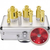 Set 6 carote diamantate si 1 disc taiere 125 mm pentru gresie, marmura, 20-68 mm, prindere M14, umed sau uscat, cutie depozitare Set 6 carote diamantate si 1 disc taiere 125 mm pentru gresie, marmura, 20-68 mm, prindere M14, umed sau uscat, cutie depozitare